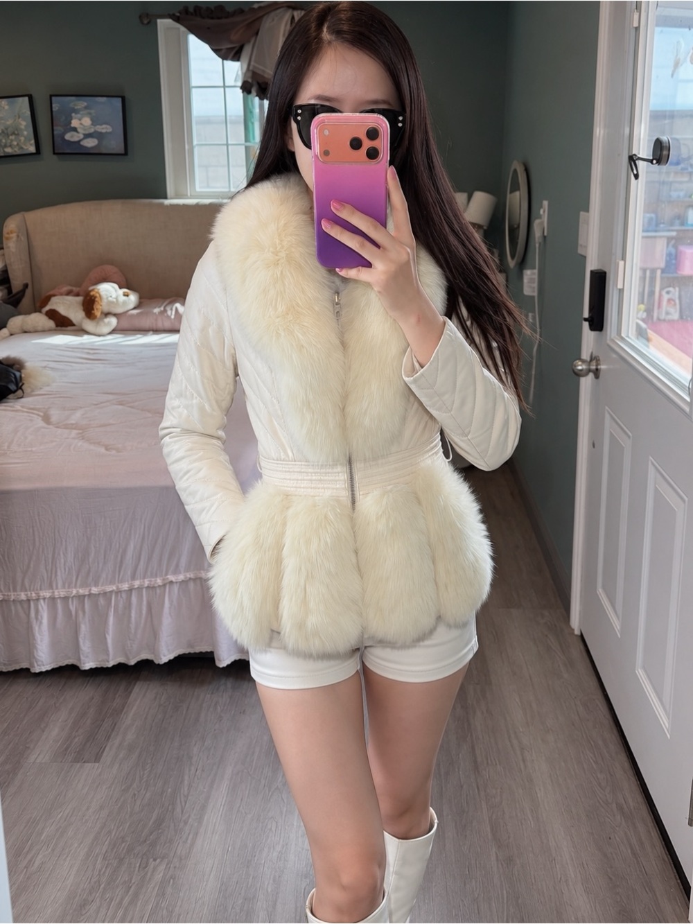 VERO MODA Vintage Ivory Sheepskin Leather Fox Fur Trim Fitted Jacket XS